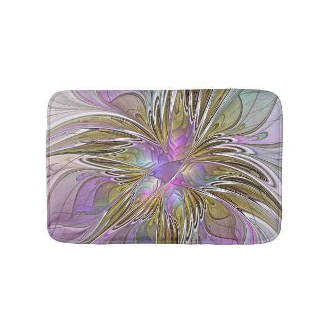 Floral Colourful Abstract Fractal With Pink & Gold Bath Mat (Front)
