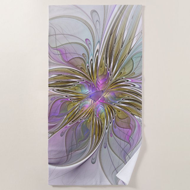 Floral Colourful Abstract Fractal With Pink & Gold Beach Towel (Front)