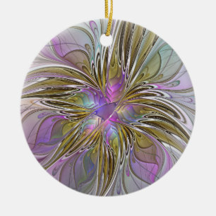 Floral Colourful Abstract Fractal With Pink & Gold Ceramic Ornament
