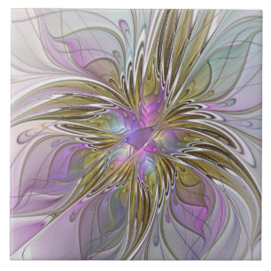Floral Colourful Abstract Fractal With Pink & Gold Ceramic Tile