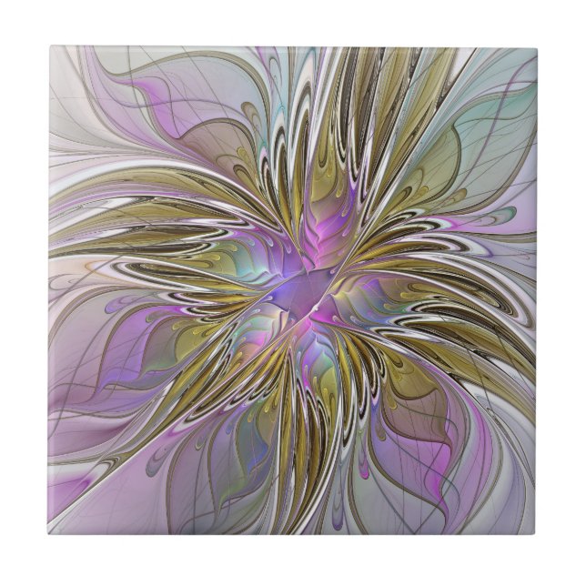Floral Colourful Abstract Fractal With Pink & Gold Ceramic Tile (Front)