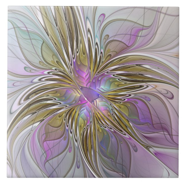 Floral Colourful Abstract Fractal With Pink & Gold Ceramic Tile (Front)