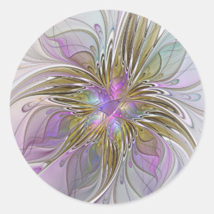 Floral Colourful Abstract Fractal With Pink & Gold Classic Round Sticker