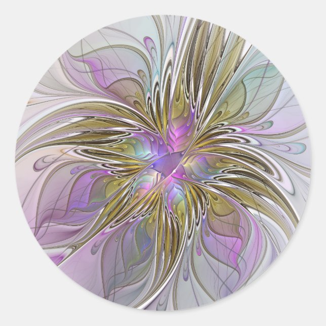 Floral Colourful Abstract Fractal With Pink & Gold Classic Round Sticker (Front)