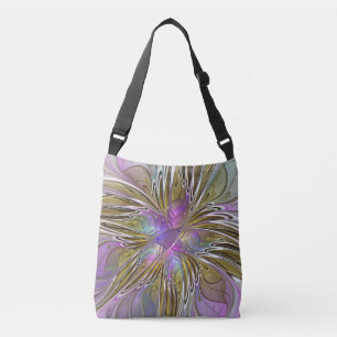 Floral Colourful Abstract Fractal With Pink & Gold Crossbody Bag