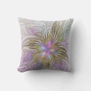 Floral Colourful Abstract Fractal With Pink & Gold Cushion