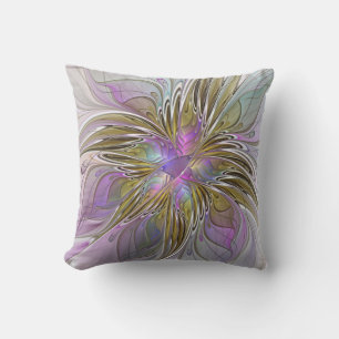 Floral Colourful Abstract Fractal With Pink & Gold Cushion