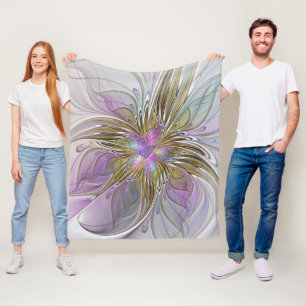 Floral Colourful Abstract Fractal With Pink & Gold Fleece Blanket