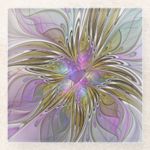 Floral Colourful Abstract Fractal With Pink & Gold Glass Coaster