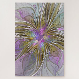 Floral Colourful Abstract Fractal With Pink & Gold Jigsaw Puzzle