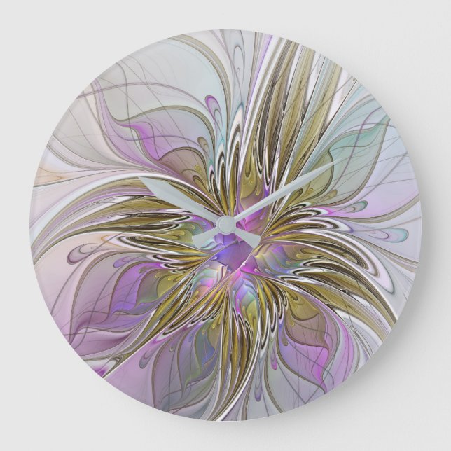 Floral Colourful Abstract Fractal With Pink & Gold Large Clock (Front)