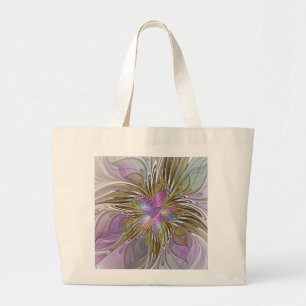 Floral Colourful Abstract Fractal With Pink & Gold Large Tote Bag