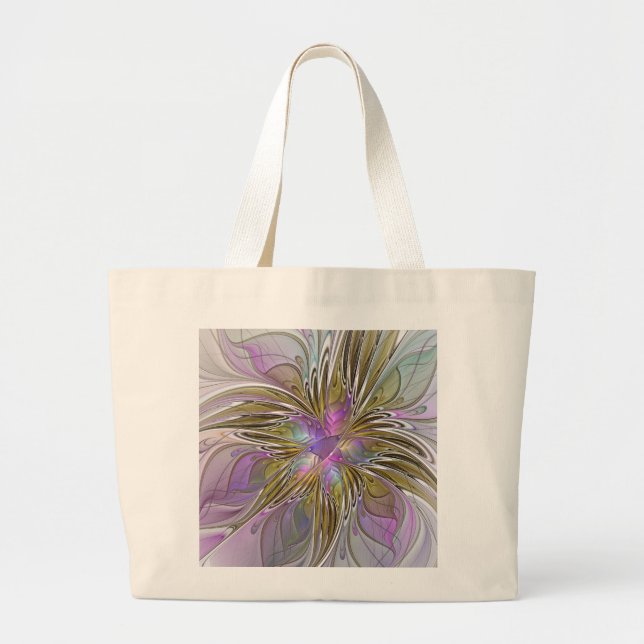 Floral Colourful Abstract Fractal With Pink & Gold Large Tote Bag (Front)