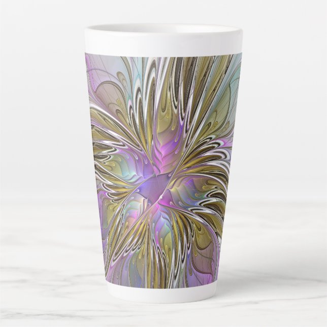 Floral Colourful Abstract Fractal With Pink & Gold Latte Mug (Front)