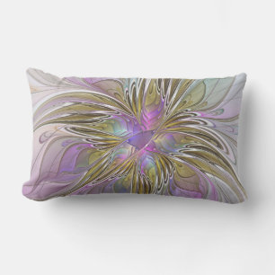 Floral Colourful Abstract Fractal With Pink & Gold Lumbar Cushion