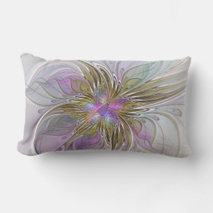 Floral Colourful Abstract Fractal With Pink & Gold Lumbar Cushion