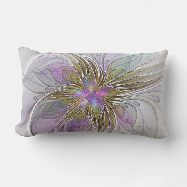 Floral Colourful Abstract Fractal With Pink & Gold Lumbar Cushion (Front)