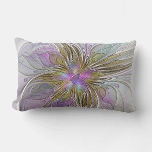 Floral Colourful Abstract Fractal With Pink & Gold Lumbar Cushion