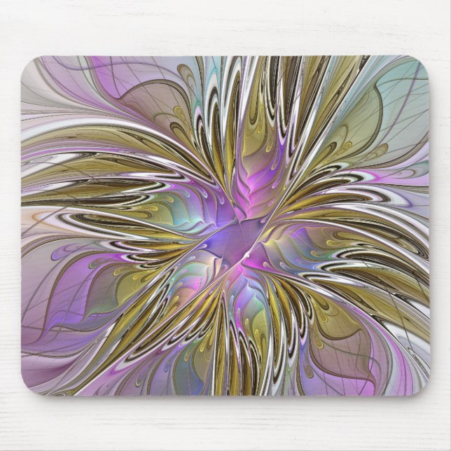 Floral Colourful Abstract Fractal With Pink & Gold Mouse Pad (Front)