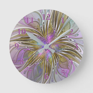 Floral Colourful Abstract Fractal With Pink & Gold Round Clock