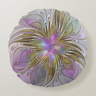 Floral Colourful Abstract Fractal With Pink & Gold Round Cushion