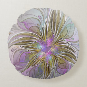 Floral Colourful Abstract Fractal With Pink & Gold Round Cushion