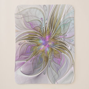 Floral Colourful Abstract Fractal With Pink & Gold Sherpa Blanket