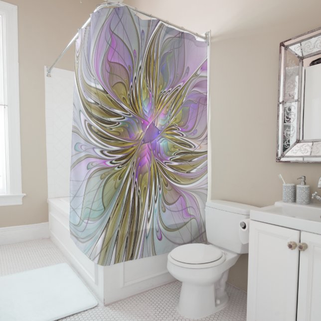 Floral Colourful Abstract Fractal With Pink & Gold Shower Curtain (In Situ)