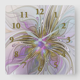 Floral Colourful Abstract Fractal With Pink & Gold Square Wall Clock