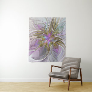 Floral Colourful Abstract Fractal With Pink & Gold Tapestry