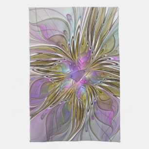 Floral Colourful Abstract Fractal With Pink & Gold Tea Towel