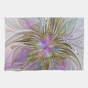 Floral Colourful Abstract Fractal With Pink & Gold Tea Towel