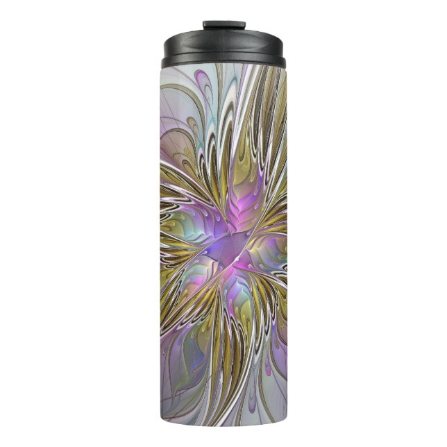 Floral Colourful Abstract Fractal With Pink & Gold Thermal Tumbler (Front)