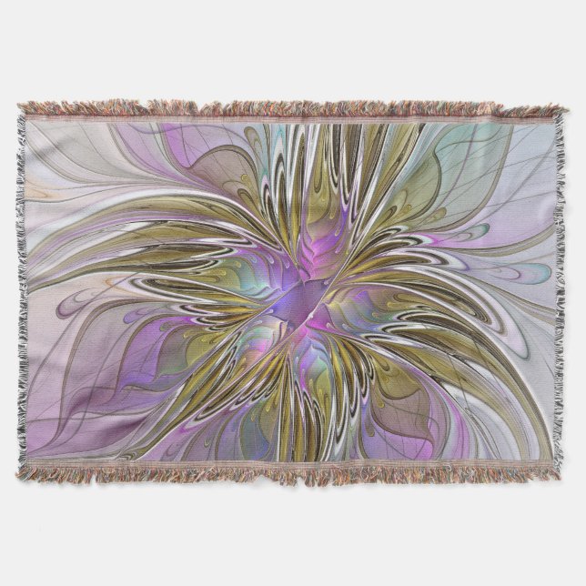 Floral Colourful Abstract Fractal With Pink & Gold Throw Blanket (Front)