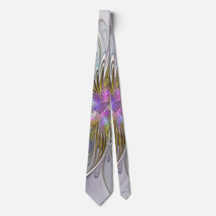 Floral Colourful Abstract Fractal With Pink & Gold Tie
