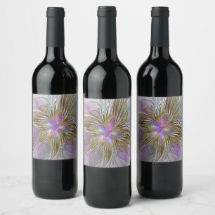Floral Colourful Abstract Fractal With Pink & Gold Wine Label
