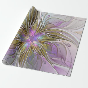 Floral Colourful Abstract Fractal With Pink & Gold Wrapping Paper