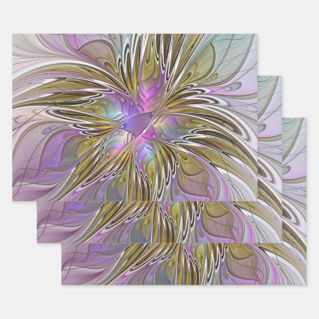 Floral Colourful Abstract Fractal With Pink & Gold Wrapping Paper Sheet (Set)