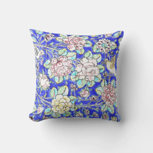 Floral Colourful Birds Blue Cushion
