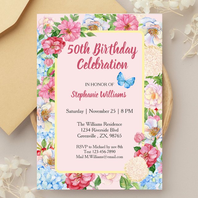 Floral Colourful Border Women's 50th Birthday  Invitation (Creator Uploaded)