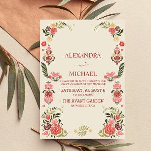 Floral colourful folk art wedding invitation