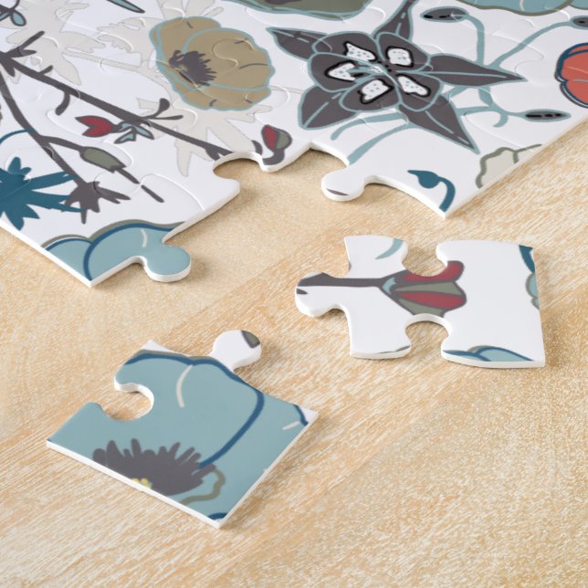 Floral Colourful Joyful Blue Orange Flowers Patter Jigsaw Puzzle (Side)