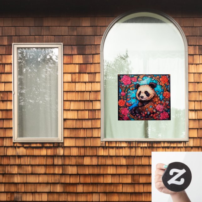 Floral Colourful Panda Bear Faux Stained Glass (Home Window)
