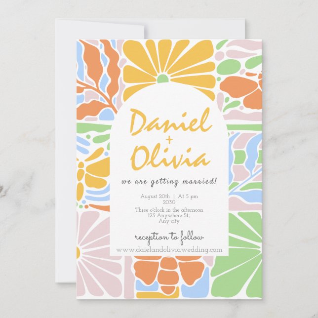 Floral Colourful Retro Botanical Frame Wedding Invitation (Front)