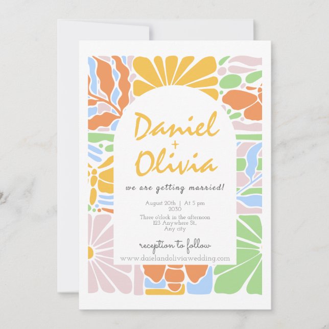 Floral Colourful Retro Botanical Frame Wedding Invitation (Front)