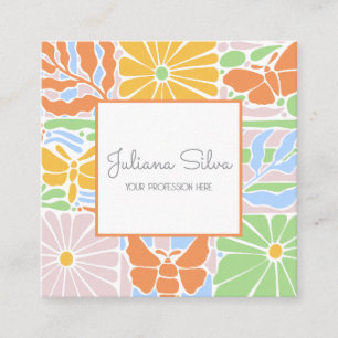 Floral Colourful Retro Botanical Frame with QR Square Business Card