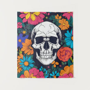 Floral Colourful Skull Art Tapestry