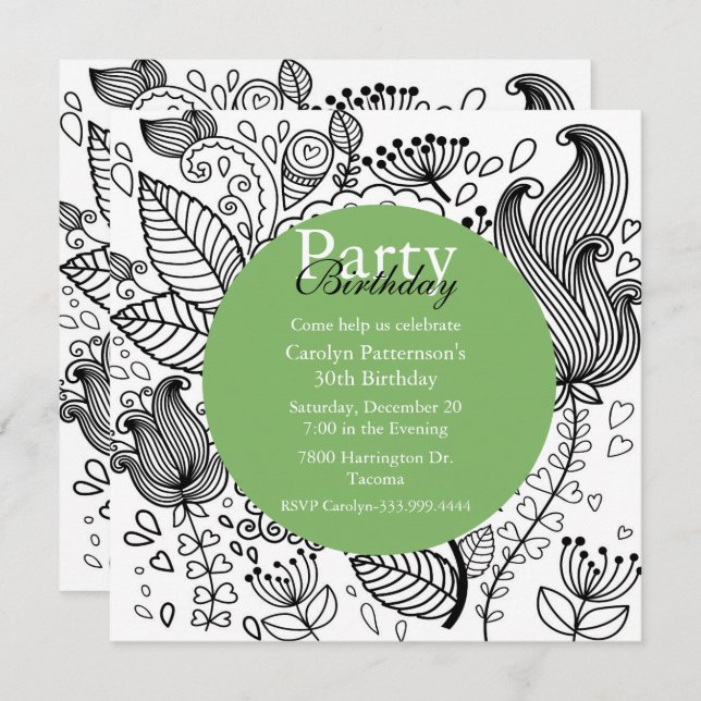 Floral Colouring Doodle Art Party Invitation (Front/Back)