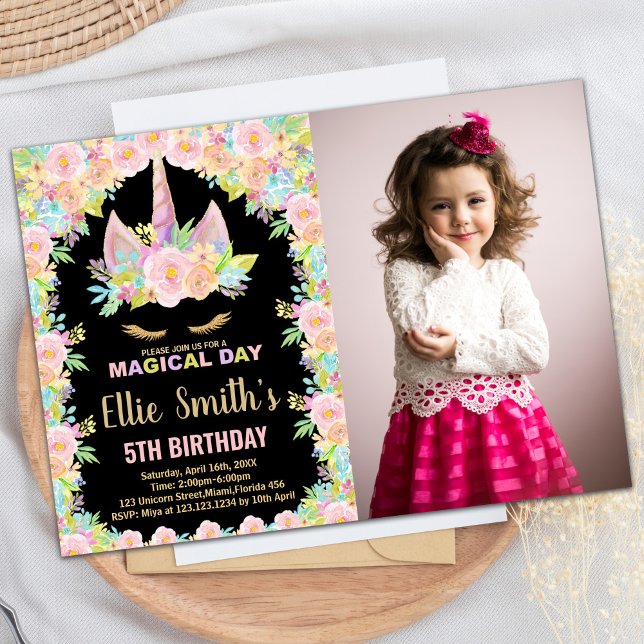Floral Colours Black Photo Unicorn Birthday Invitation (Floral Colors Black Photo Unicorn Birthday Invitation)