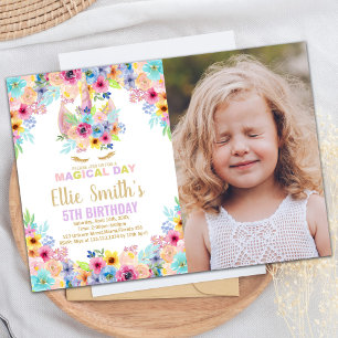 Floral Colours Photo Unicorn Birthday Invitations